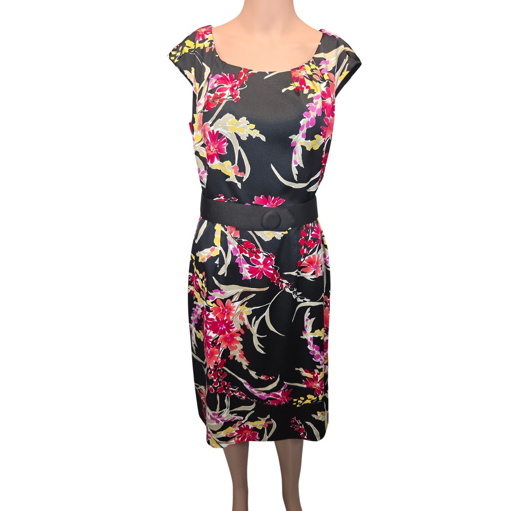 Black Satin Like Floral Print I.N. Studio Dress 6 Belted Scoop Neck Retro Party